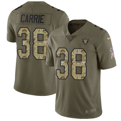 Nike Raiders #38 T.J. Carrie Olive/Camo Men's Stitched NFL Limited Salute To Service Jersey - Click Image to Close